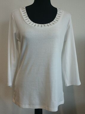 Style & Co. White Long-Sleeve Scoop Neck Top with Bead Detail